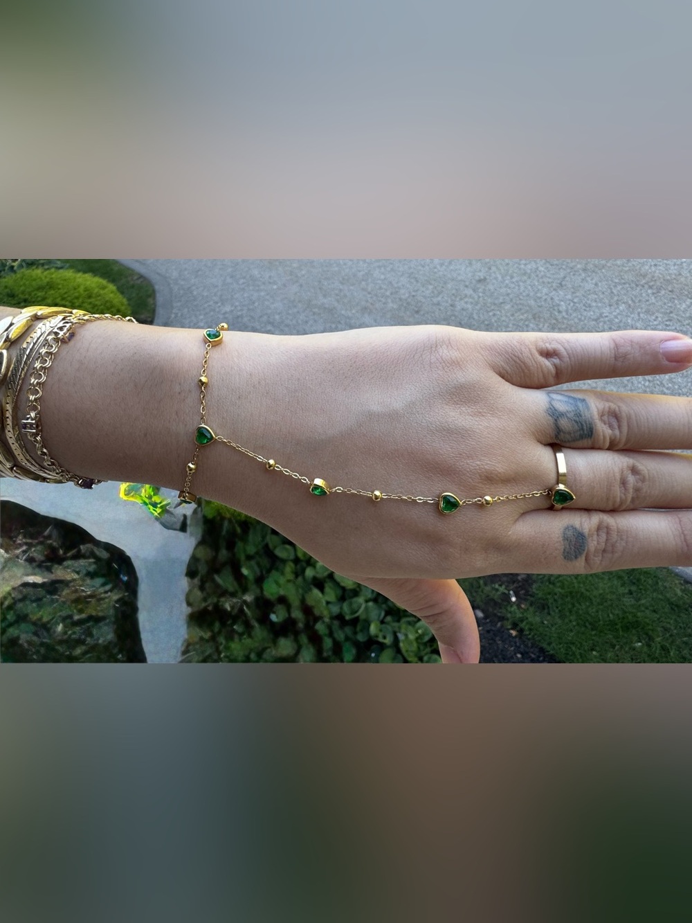 Stelein Stainless Steel Green Heart Hand Chain Bracelet